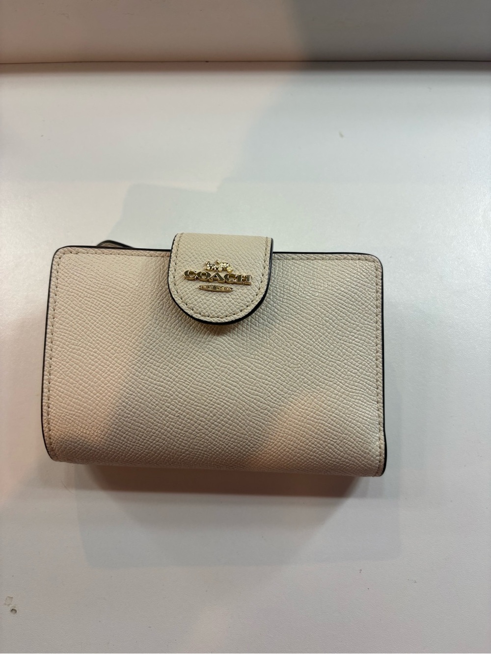 Coach Cream Pebbled Leather Compact Wallet with Gold Logo